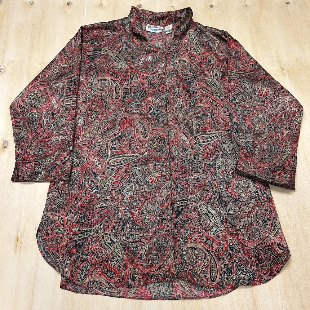Intimate Secrets Paisley Print Sleep Blouse Womens 1X Red Button Front Tunic Top